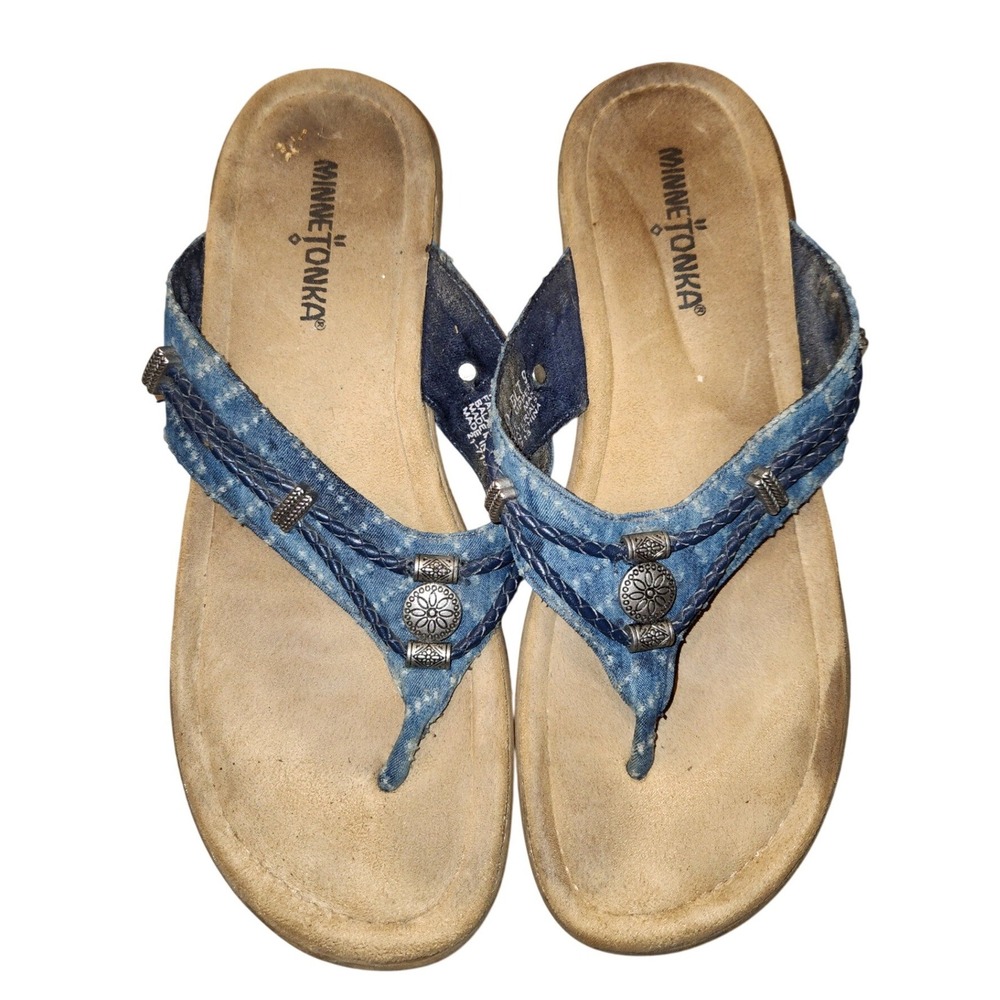 Minnetonka Womens‎ Blue Denim Braided Concho Thong Sandals Flip Flops Size 9